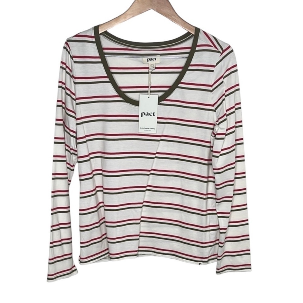 New Pact Holiday Stripe Softspun Organic Cotton Long Sleeve Scoop Tee Women Sz L